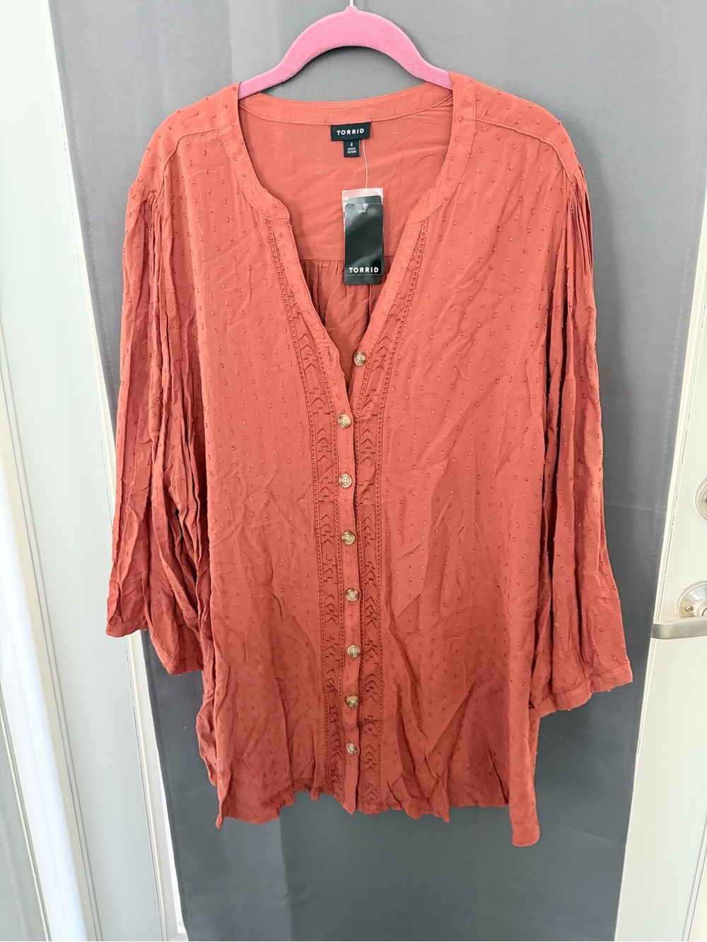 torrid rust/terracotta button-front peasant blouse